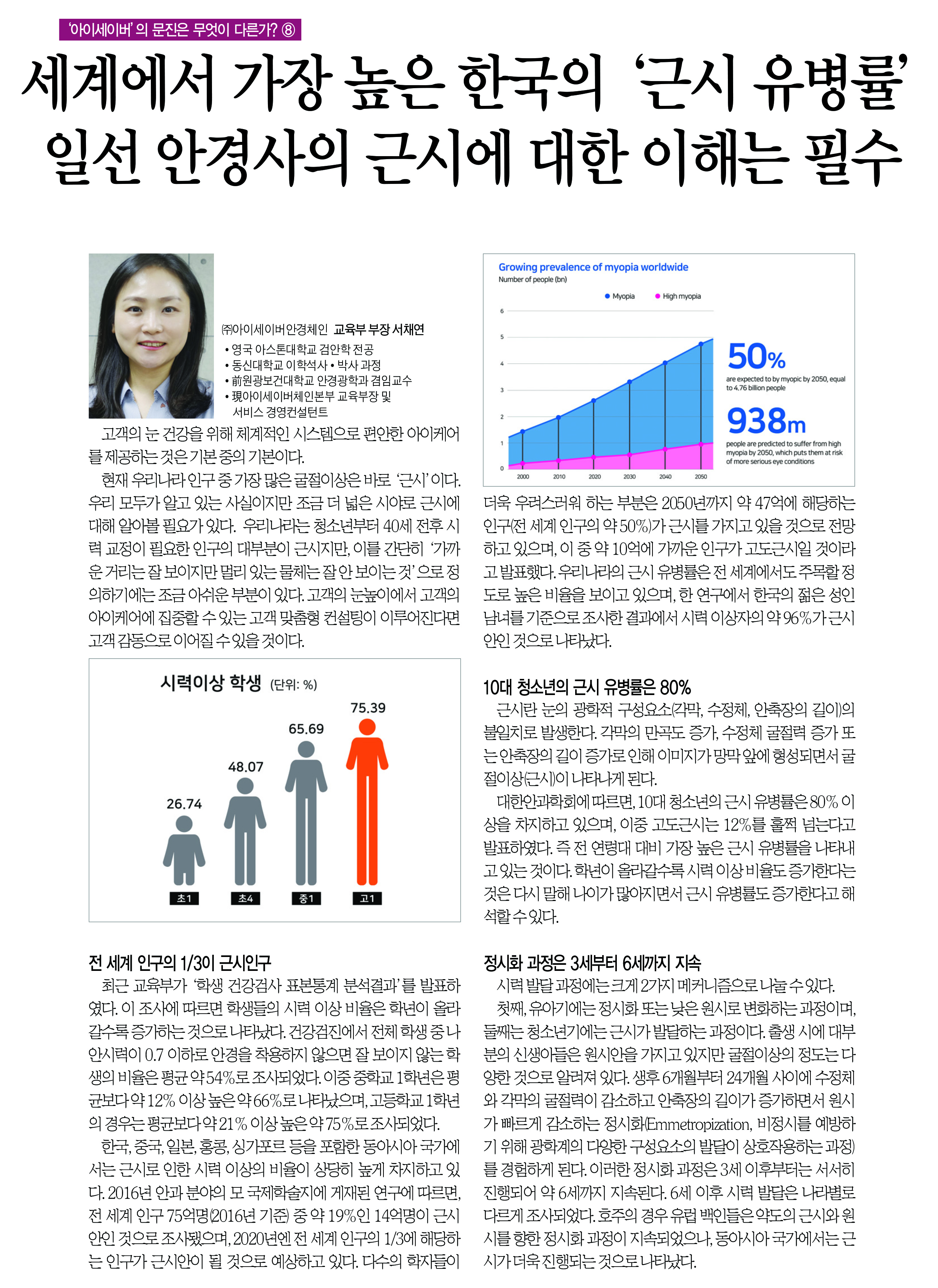 '아이세이버'의 문진은 무엇이 다른가?(8)-세계에서 가장 높은 한국의 '근시 유병률'일선 안경사의 근시에 대한 이해는 필수